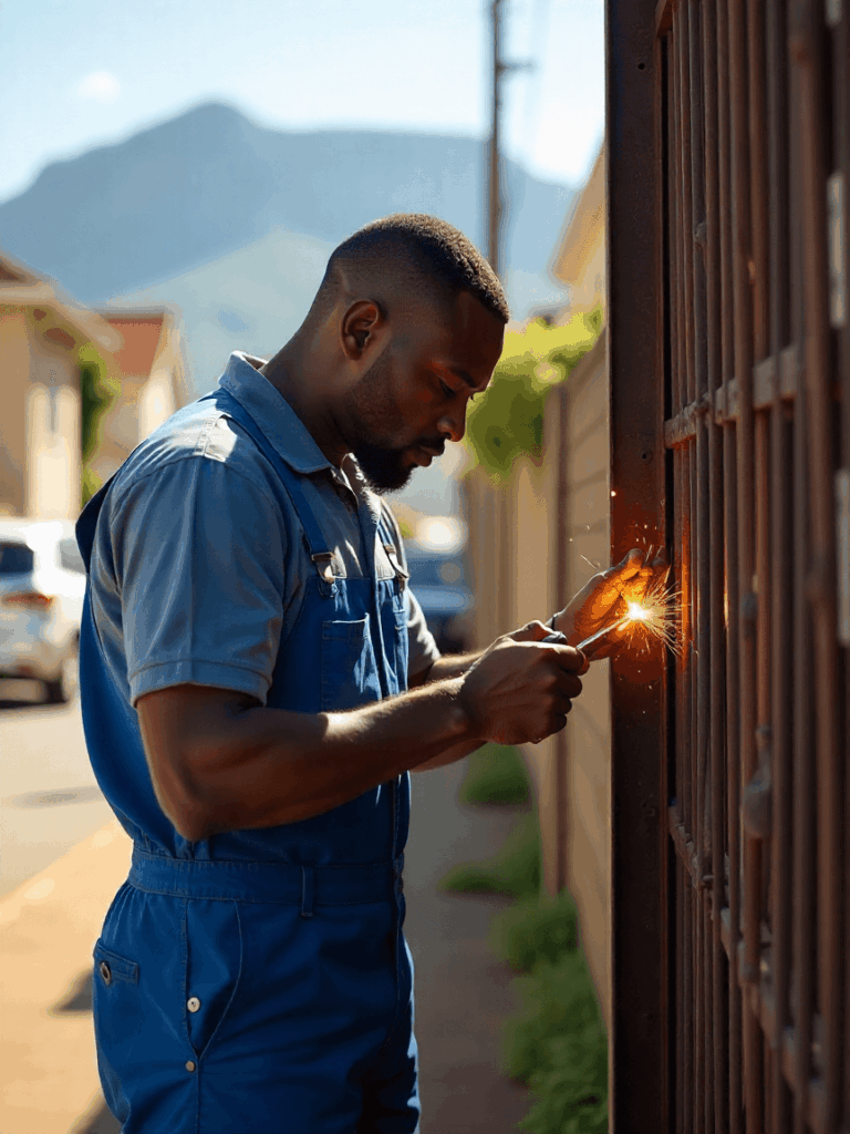 Skilled technician welding steel fence frame – steel gates and fences Cape Town